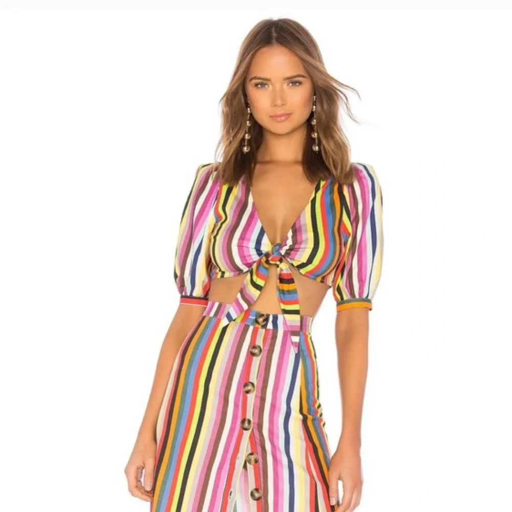 LPA Rainbow Stripe Tie Front Crop Top Short Sleeve W2192 Sz XXS